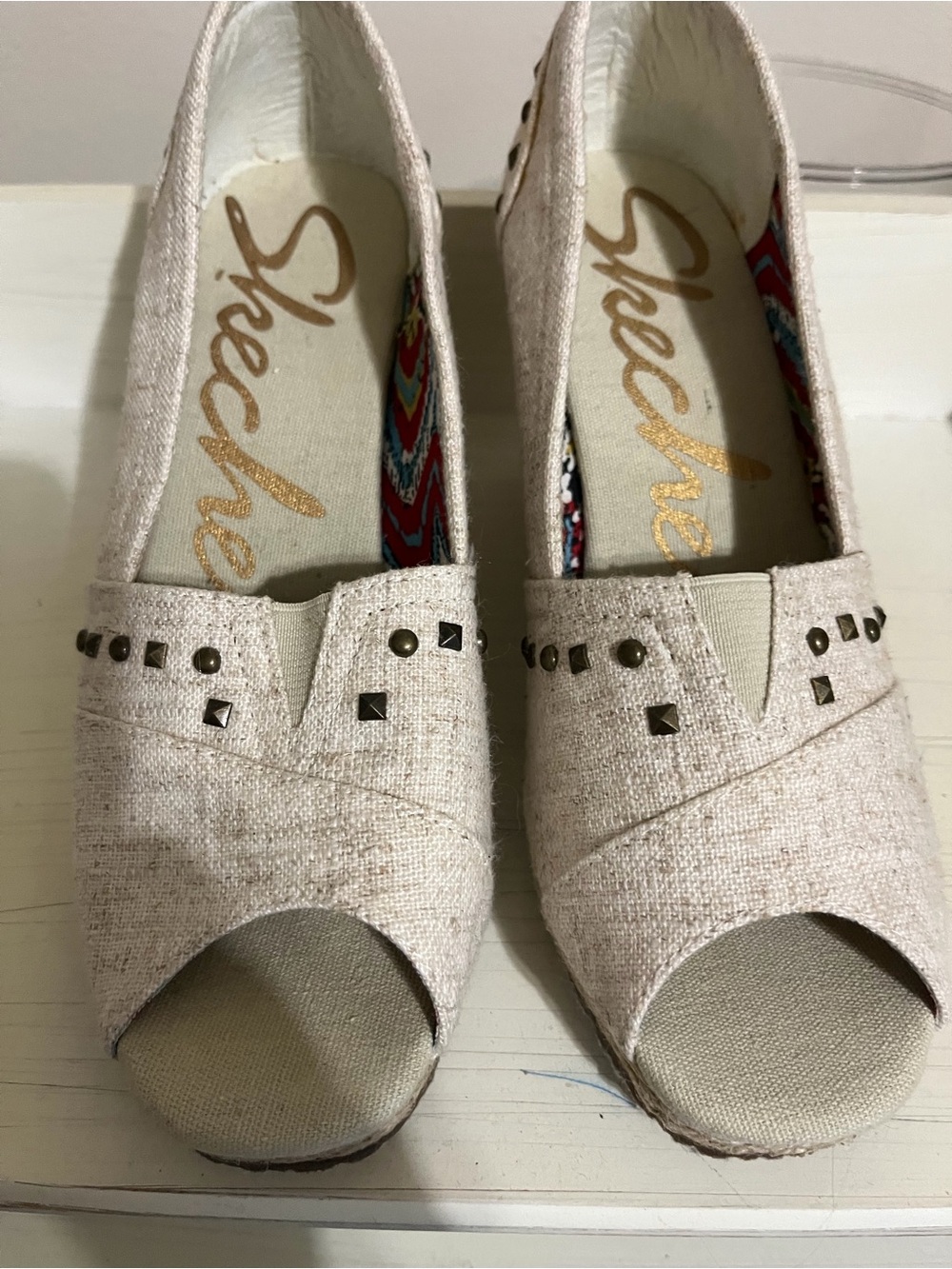 Skechers Women's Light Beige Studded Peep-Toe Flats